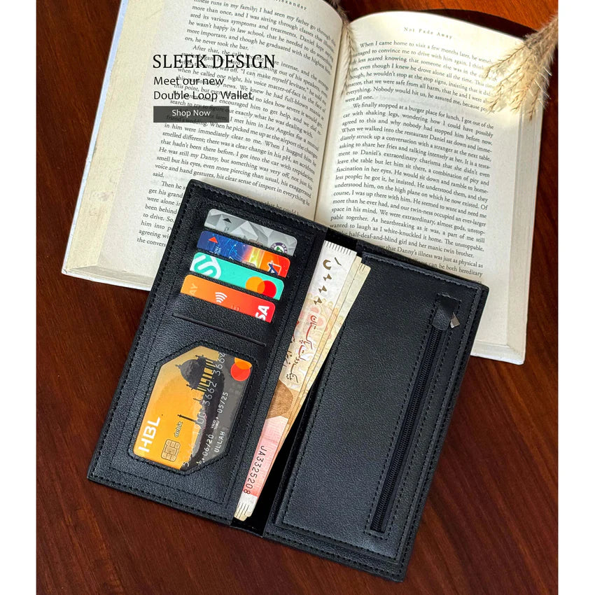 Rustic Finish Long Wallet with Vintage Texture Design Black