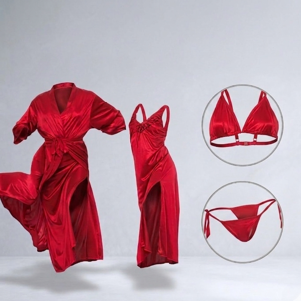 Burgundy Silk Satin 4-Piece Lingerie & Nightwear Set for Women – Luxury Soft Satin Sleepwear