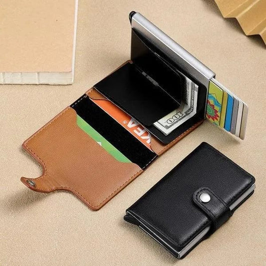 Slim Metallic Pop-Up Card Holder – Minimalist RFID Blocking Wallet with Leather Wrap (Black)