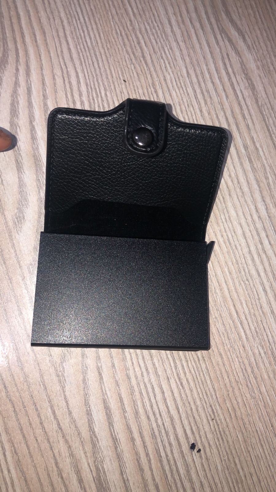 Slim Metallic Pop-Up Card Holder – Minimalist RFID Blocking Wallet with Leather Wrap (Black)