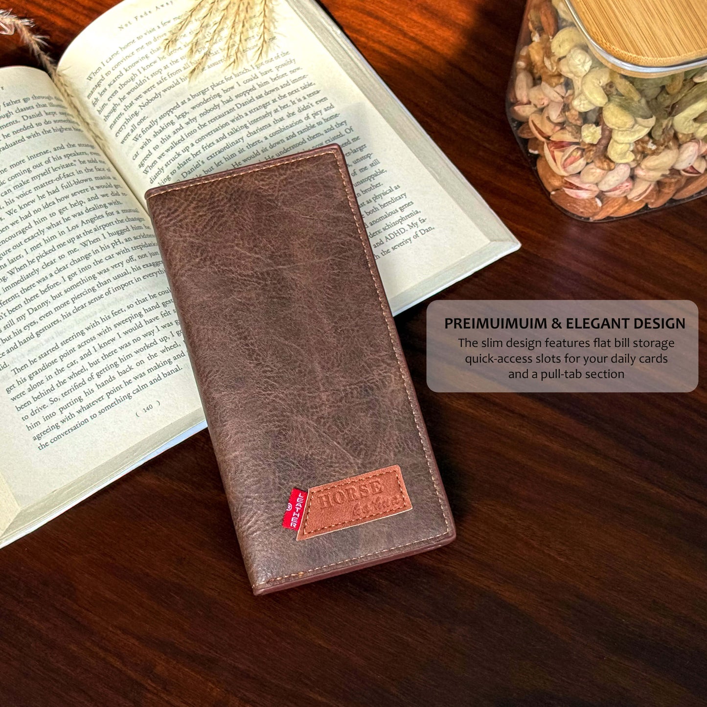 Rustic Finish Long Wallet with Vintage Texture Design Black