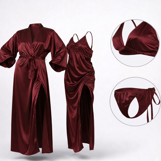 Burgundy Silk Satin 4-Piece Lingerie & Nightwear Set for Women – Luxury Soft Satin Sleepwear