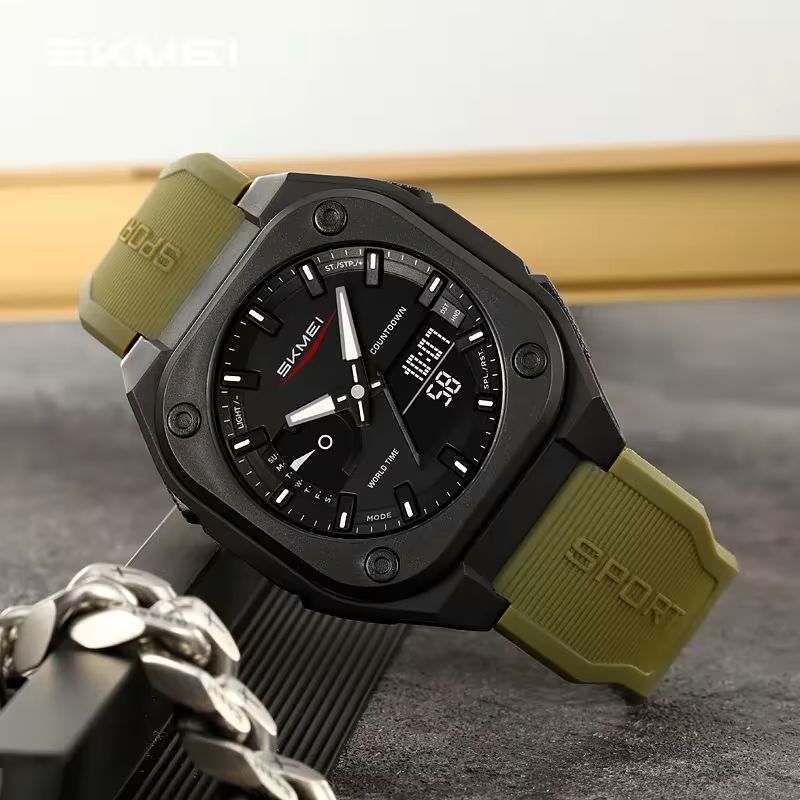 SKMEI Original Men's World Timer Watch – Premium Analog-Digital Sports Chronograph With Heavy-Duty Silicone Strap - Black