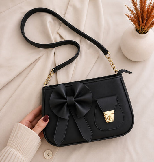 Bella Bow Shoulder Bag – Fashion Mini Handbag With Decorative Bow Design – Black
