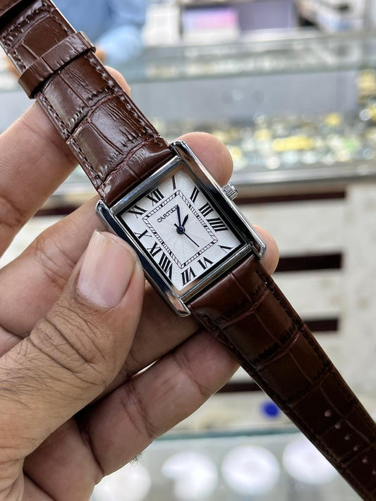 Cartier Style Rectangular Analog Watch For Men – Brown Leather Strap | Quartz Wrist Watch - Golden