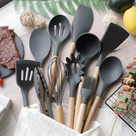 12 Pcs Kitchen Utensils Set | BPA Silicon & Wooden Kitchen Spoon Set | Heat Resistant Kitchen Non Toxic Spatula Set With Turner Tongs,Spoon,Brush,Whisk-Wooden Handle