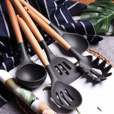 12 Pcs Kitchen Utensils Set | BPA Silicon & Wooden Kitchen Spoon Set | Heat Resistant Kitchen Non Toxic Spatula Set With Turner Tongs,Spoon,Brush,Whisk-Wooden Handle