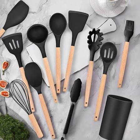 12 Pcs Kitchen Utensils Set | BPA Silicon & Wooden Kitchen Spoon Set | Heat Resistant Kitchen Non Toxic Spatula Set With Turner Tongs,Spoon,Brush,Whisk-Wooden Handle