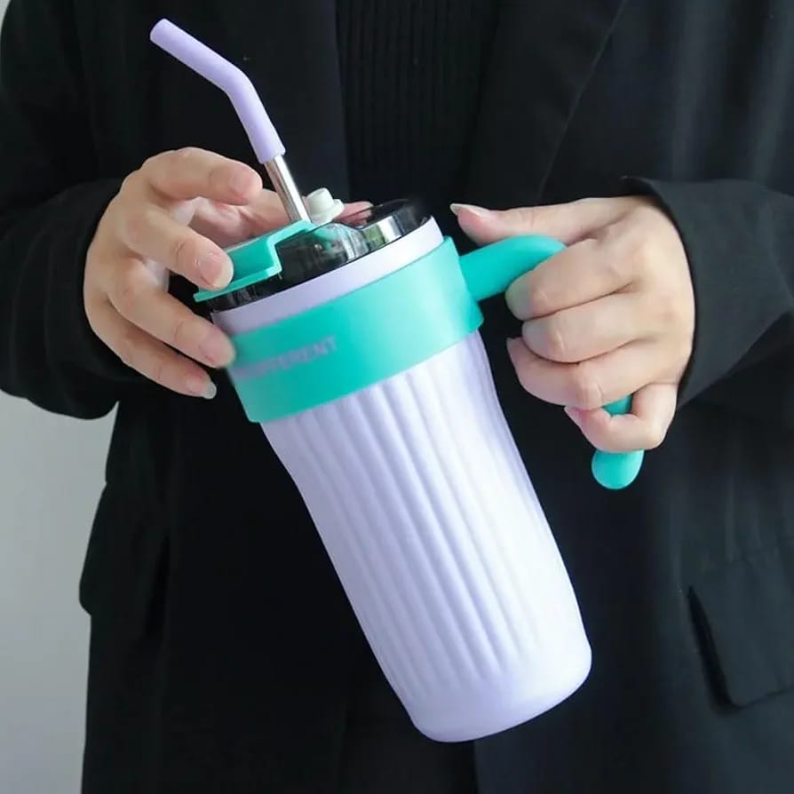 40oz Thermos Travel Mug with Handle, Leakproof Lid & Stainless Steel Straw – Double Wall Insulated Hot & Cold Tumbler - Random Color