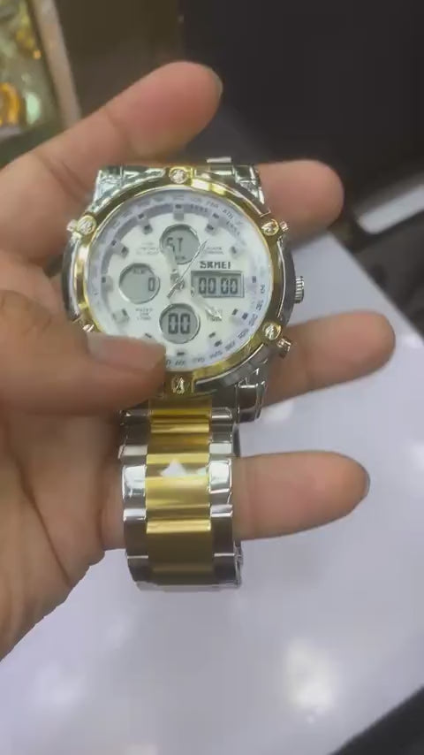 SKMEI 1389 Men’s Digital Analog Business Watch – Two-Tone Gold & Silver Stainless Steel Chronograph With Matte White DiaL